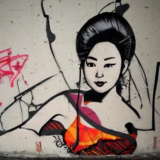 Prompt: abstract rough rugged graffiti art of an asian pinup woman design by bansky