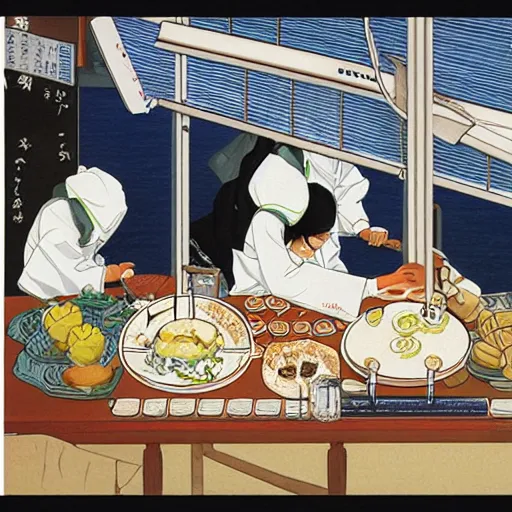 Prompt: chemists in white coats are eating a giant roll, hasui kawase