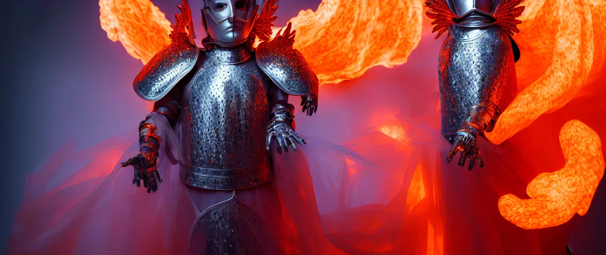 Image similar to hyperrealist highly detailed english medieval portrait of high fashion archangel wearing flame fire smoke flame armor, radiating atomic neon corals, veiny network growth with ghostly ghost translucent ghost armor, concept art pascal blanche dramatic studio lighting 8k wide angle shallow depth of field