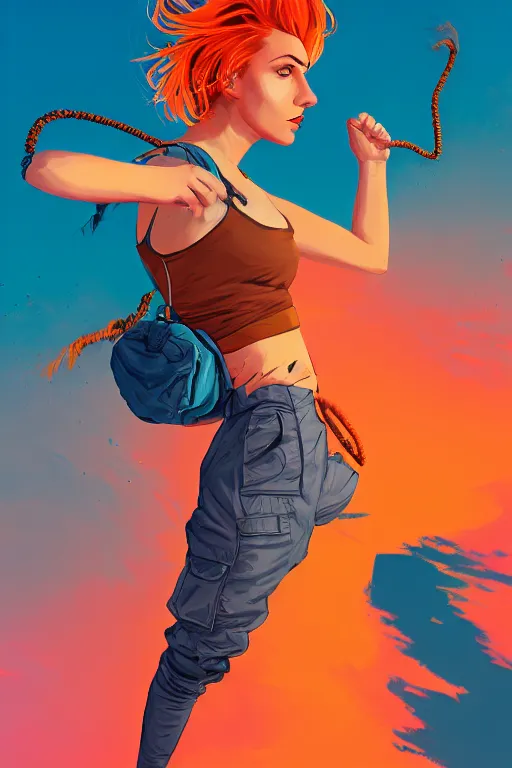 Image similar to a award winning half body portrait of a beautiful caucasian woman in a croptop and cargo pants with ombre orange blue teal hairstyle with head in motion and hair flying by will eisner, outrun, vaporware, digital art, trending on artstation, highly detailed, fine detail, intricate