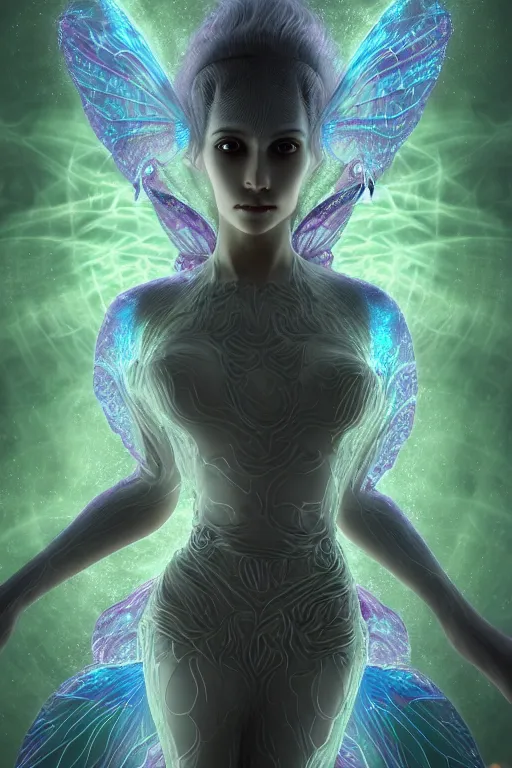 Image similar to a render of an ancient futuristic ethereal pixie with digital modifications and wings surrounded by a underwater ink pour and flowing liquid gallium and complex sacred geometry, powerful, cinematic, beautifully lit, perfect body and face, by beeple, by artgerm, by karol bak, by brian froud, 3 d, trending on cgsociety, octane render, 8 k