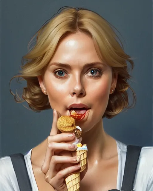 Image similar to portrait of a blonde fuller figured barbara bach from the bond film wearing dungarees and eating ice creams in porto, real life skin, intricate, elegant, highly detailed, artstation, concept art, smooth, sharp focus, art by artgerm and greg rutkowski and alphonse mucha