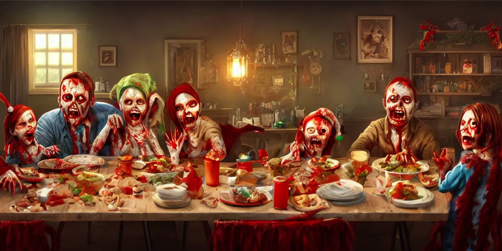 Image similar to a zombie family christmas diner, wide angle, super highly detailed, professional digital painting, artstation, concept art, smooth, sharp focus, no blur, no dof, extreme illustration, unreal engine 5, photorealism, hd quality, 8 k resolution, cinema 4 d, 3 d, beautiful, cinematic, art by stanley lau and artgerm