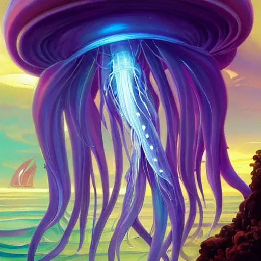 Image similar to jellyfish in a bright ocean, deep focus, fantasy, intricate, elegant, highly detailed, digital painting, artstation, concept art, matte, sharp focus, illustration, hearthstone, art by rhads and artgerm and greg rutkowski and alphonse mucha and gediminas pranckevicius