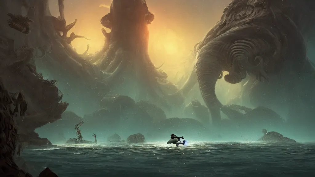 Image similar to A diver is under the sea, he is swimming away from the giant Cthulhu that is behind hunting him, this is an extravagant planet with wacky wildlife and some mythical animals, the background is full of ancient ruins, the ambient is dark with a terrifying atmosphere, by Jordan Grimmer digital art, trending on Artstation,