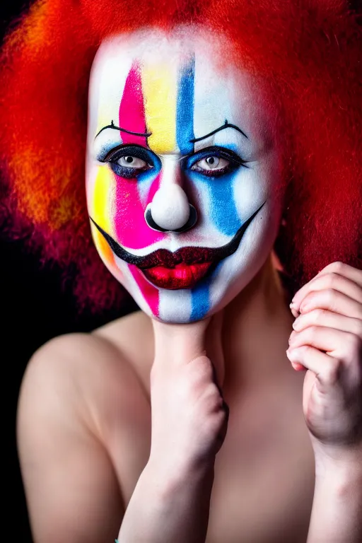 Image similar to a clown putting on makeup, fine - art photography, portrait, award - winning photo, 4 k, 8 k, studio lighting, nikon d 6, 3 5 mm