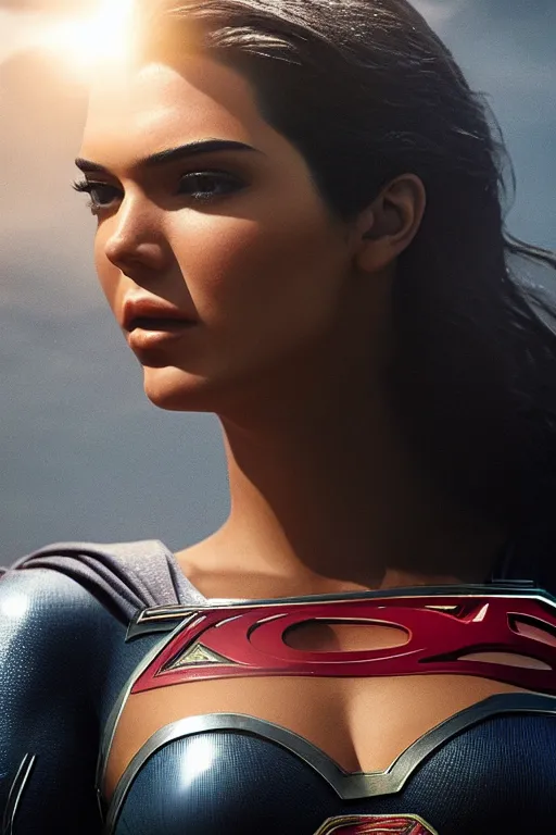 Image similar to a fancy close up of Man of Steel cast as Kendall Jenner by Greg Rutkowski, Sung Choi, Mitchell Mohrhauser, Maciej Kuciara, Johnson Ting, Maxim Verehin, Peter Konig, 8k photorealistic, cinematic lighting, HD, high details, dramatic, trending on artstation, full body shot