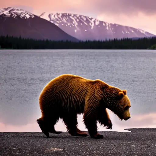 Image similar to kodiak bears kung - fu fighting on a lakefront using salmon as weapons, dusk, 8 k, hdr, cinematic, rule of thirds,