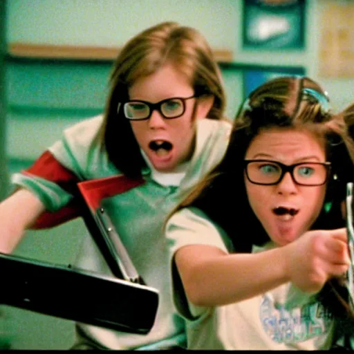 Image similar to film still from the movie 'Nerd Squad'' (1995). Exciting action scene. Sigma 85mm f/8