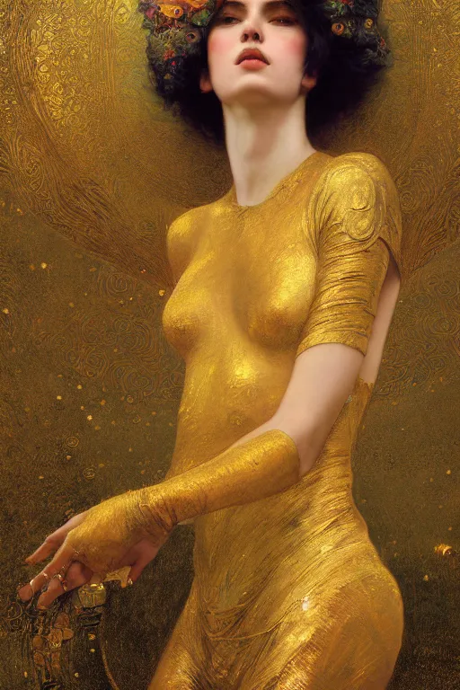 Image similar to an intricate artistic pose painting of a beautiful young muse with an artistic sensual pose with klimt golden motives and textures, hyper detailed, ornamental gold headpiece, octane render, vivid colors, artstation, by jeremy mann, by alphonse mucha, by boris vallejo