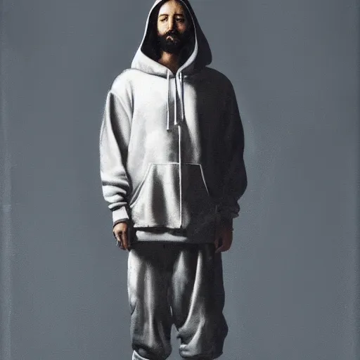 Prompt: a full body portrait of modern day jesus wearing hypebeast streetwear hoodie and pants by nicola samori, oil painting, realistic, 8 k, fear of god style