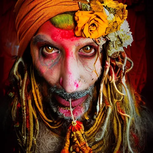 Image similar to realistic expired kodak film portrait of aghori tantrik with kapala, albino india woman tentacled creature mix, marigold, roses celestial vibe, hyperrealism, hypermaxiymalism, photorealistic, detailed, atmospheric, 8 k, award winning photography, cinematic