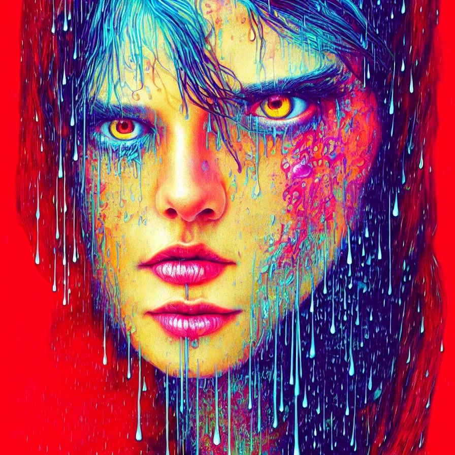 Image similar to bright asthetic portrait of LSD in rain with wet hair and one face, liquid, fantasy, intricate, elegant, dramatic lighting, highly detailed, lifelike, photorealistic, digital painting, artstation, illustration, concept art, smooth, sharp focus, art by John Collier and Albert Aublet and Krenz Cushart and Artem Demura and Alphonse Mucha
