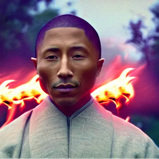 Image similar to cinematic film still Pharrell Williams starring as a Samurai holding fire, Japanese CGI, VFX, 2003, 40mm lens, shallow depth of field,film photography