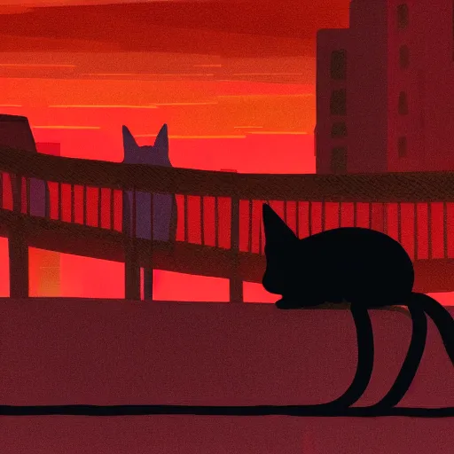 Image similar to a cat watching a dystopic city under a red sky