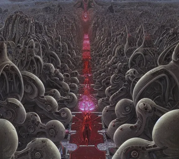 Image similar to biomechanical landscape and crowd of people walking towards giant machine by wayne barlowe