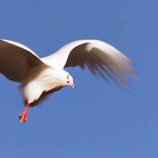 Prompt: a black-tailed white japanese bantam hen flying through space