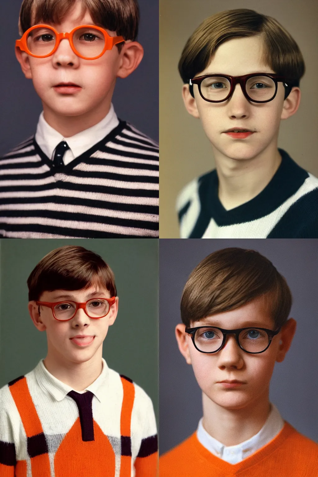 Prompt: a grammar school boy student with glasses, a combover, wearing a white shirt underneath a dark orange striped v-neck jumper, color portrait photography,