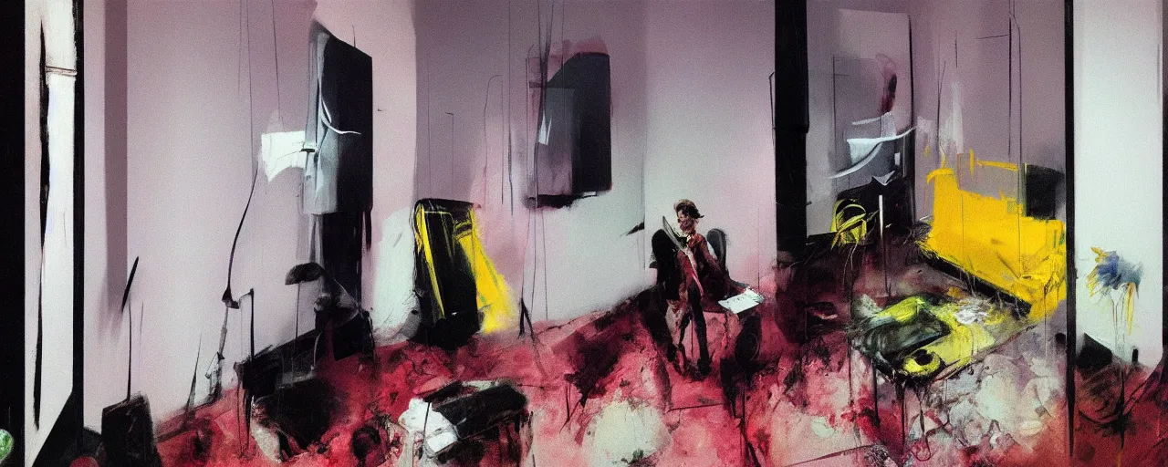 Prompt: photo of a man in the apartment painted by Francis Bacon, Adrian Ghenie, psx game graphics
