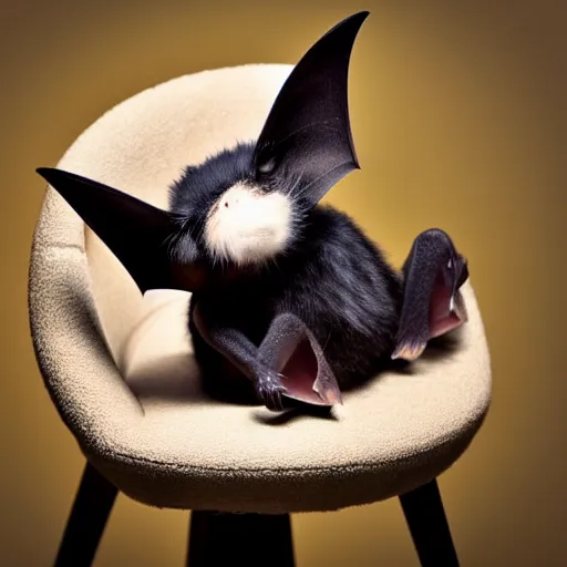 Prompt: a photo of a cute vat bat hybrid, sitting on a chair, photo taken by a nikon, very detailed, 8k