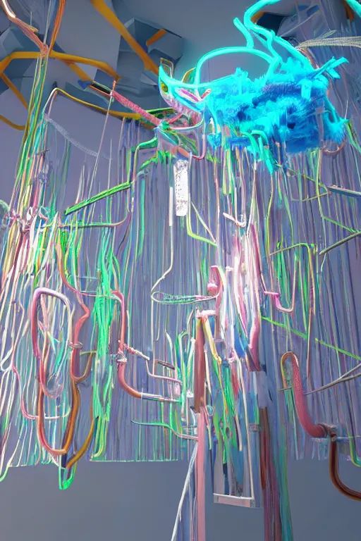 Prompt: a futuristic 3D scene of retro different sized monitors hanging from the ceiling wrapped with large fluffy pipe cleaners, luminescent low-poly crystal sculpture of Jean-Michel Basquiat suspended from the center of the ceiling with pipe cleaners, glow-in-the-dark pipe cleaners, Trending on artstation, octane render, cinematic lighting from the right, hyper realism, octane render, 8k, depth of field, 3D