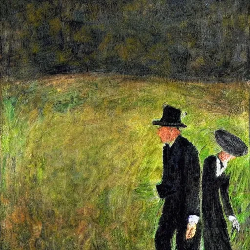 Prompt: a man in black and a black hat walking through a dead grassy field, impressionist art