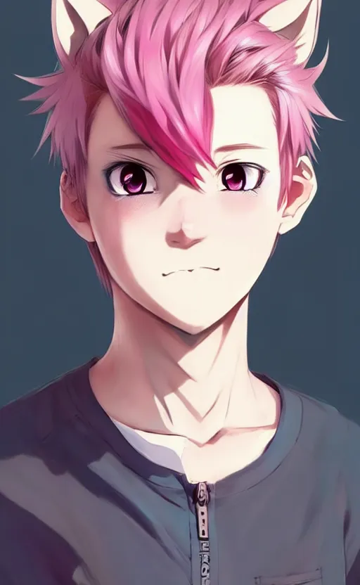 Image similar to character concept art of an cute anime boy with pink hair and wolf ears | | cute - fine - face, pretty face, key visual, realistic shaded perfect face, fine details by stanley artgerm lau, wlop, rossdraws, james jean, andrei riabovitchev, marc simonetti, and sakimichan, tranding on artstation