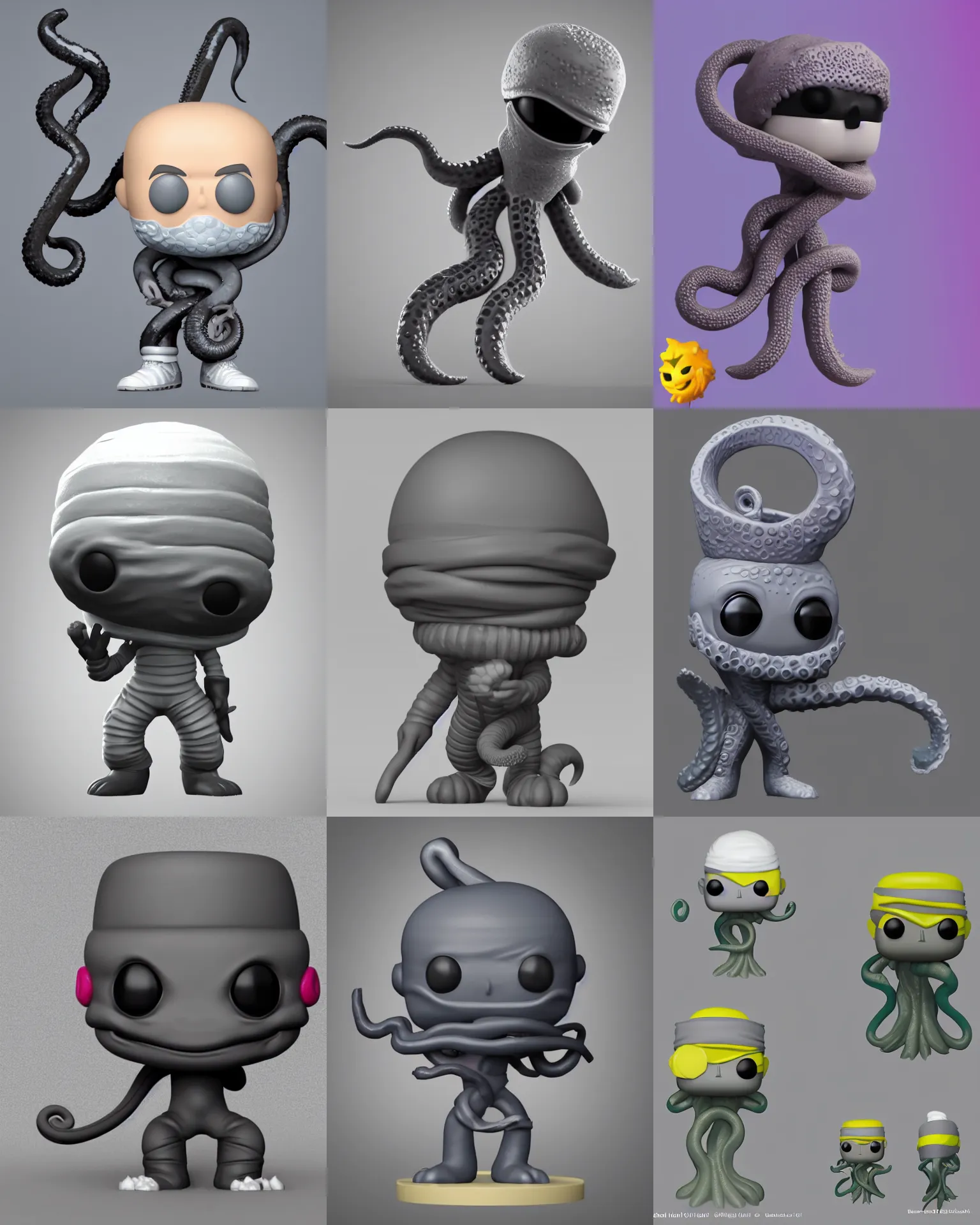 Prompt: full body 3 d render of ninja tentacle as a funko pop!, studio lighting, grey background, single body, no shadow, blender, trending on artstation, 8 k, highly detailed