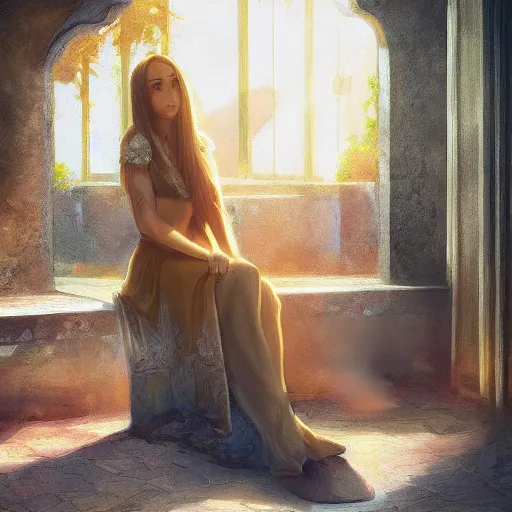 Image similar to a huge fantasy courtyard, a young pretty woman with long hair sits with a coffee, golden morning light, dramatic light, happy cozy feelings, oil painting trending on artstation