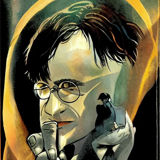 Prompt: in one frame Harry Potter with Sandman, by Neil Gaiman, by Dave McKean, comics Sandman, small details, clear faces, high detail