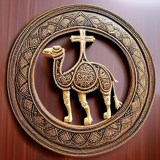 Prompt: gorgeous ornated bronze realistic detailed sacred camel wall decoration with filigree, islamic calligraphy