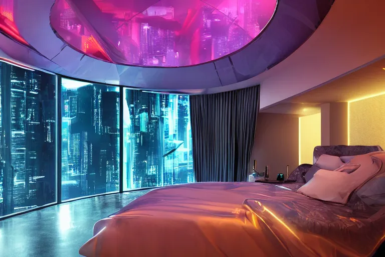 Image similar to a futuristic bedroom with large curved ceiling high windows looking out to a far future cyberpunk cityscape, cyberpunk neon lights, raining, scifi