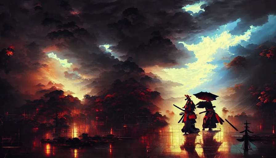 Prompt: baroque oil painting of key visual great samurai battle, rain, storm, final fantasy, fake detail, trending pixiv fanbox, acrylic palette knife, style of makoto shinkai takashi takeuchi yoshiyuki sadamoto greg rutkowski chiho aoshima