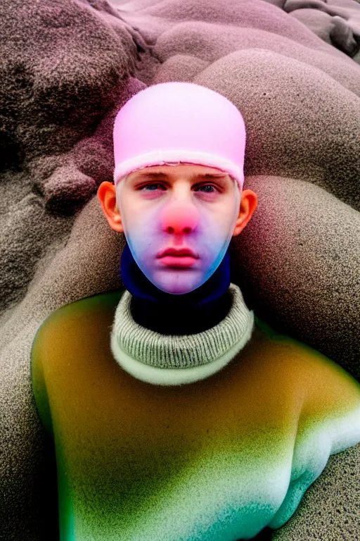 Image similar to high quality pastel coloured film mid angle portrait photograph of a beautiful young 2 0 year old male, soft features, short hair, perspex mask and oversized inflated clothing!!!! icelandic black! rock pool environment. atmospheric three point light. photographic. art directed. ( pastel colours ). volumetric. clearcoat. waves. 8 k. filmic.