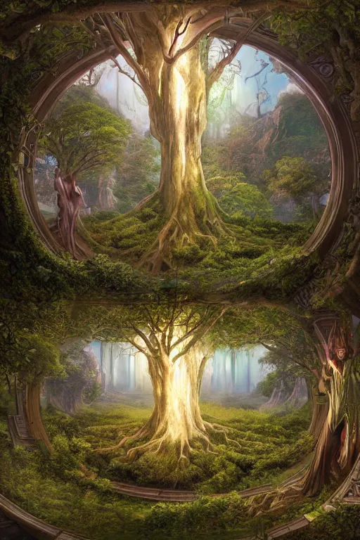 Image similar to tree of life, four seasons, volymetric light, highly detailed matte painting by ohrai, charlie bowater and mark brooks