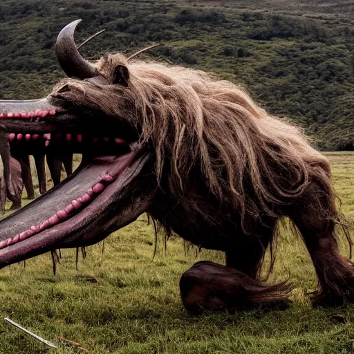 Image similar to A troll lumbers across a field. In its wake, it leaves a swath of destruction that looks like an angry god's handiwork. A few dozen meters out, it turns and bellows at them, revealing long tusks jutting from its lower jaw.