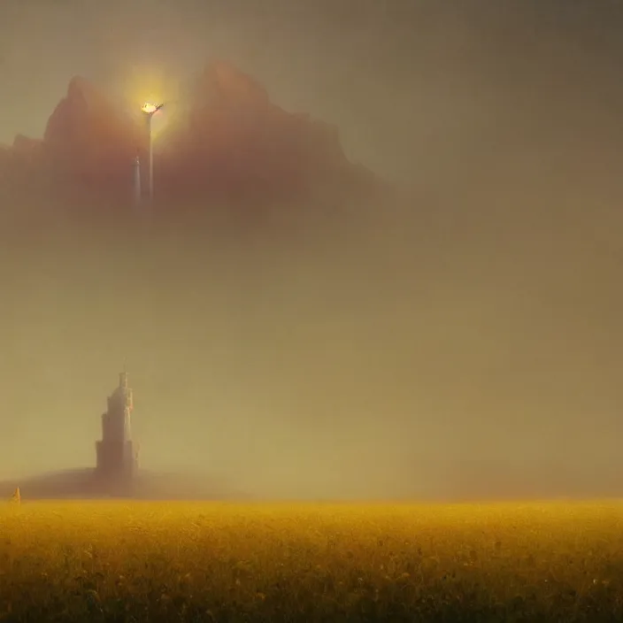 Image similar to a beautiful painting of a tower in a field of golden wheat by ivan aivazovsky and zdzisław beksinski and rene magritte and greg rutkowski and james gurney, in style of digital art. hyper detailed. octane render. maya. trending on artstation