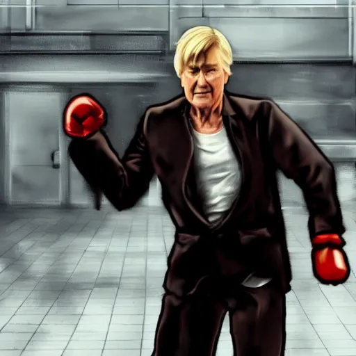 Prompt: action shot of ken barlow from coronation Street dressed as ken from Street fighter, ultra realistic, detailed, cinematic, concept art, digital art,