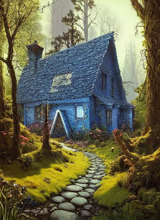 Image similar to hyper realistic homely ornate modern witch cottage distant down a path in the woods gorgeous lighting, blue sky, highly detailed, lush forest by zdzisław beksinski and norman rockwell and greg rutkowskiweta studio, and lucasfilm