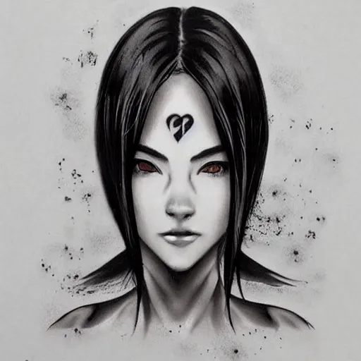 Image similar to tattoo design, stencil, beautiful young female, long dark hair, symmetrical facial features, Japanese, partially clothed in robe, by William-Adolphe Bouguerea and artgerm