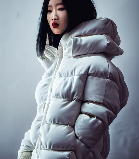 Image similar to well lit fashion shoot portrait of extremely beautiful female marble statue wearing huge over size puffer jacket by dingyun zhang, yeezy, balenciaga, vetements, a cold wall, sharp focus, clear, detailed,, cinematic, detailed, off white, glamourous, symmetrical, vogue, editorial, fashion, magazine shoot, glossy