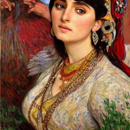 Image similar to full body portrait of a beautiful Kurdish bride wearing a beautiful wedding dress, very detailed eyes, hyperrealistic, beautiful and symmetrical face, very detailed painting by Claude Monet and Alphonse Mucha, ornate, trending on artstation, extremely high detail, incredibly intricate, claude monet