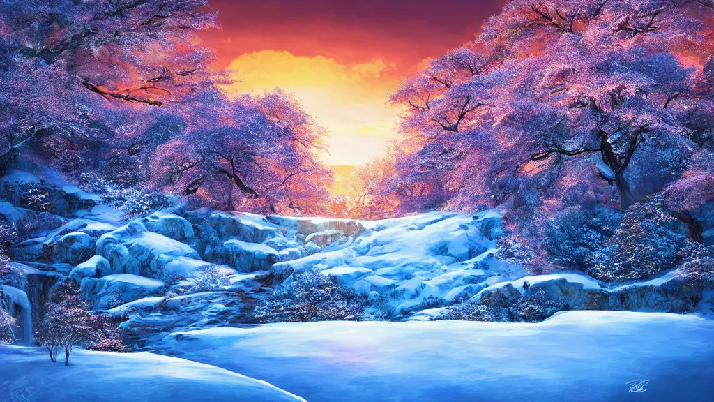 Prompt: winter featured on artstation cherry tree overlooking valley waterfall sunset beautiful image stylized digital art