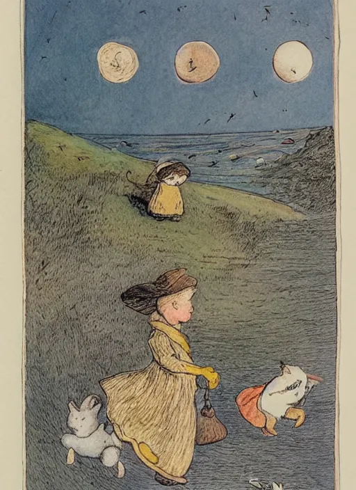 Image similar to half moon, half sun, illustrated by peggy fortnum and beatrix potter and sir john tenniel