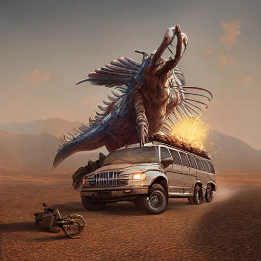 Image similar to giant horsefly monster attacking a silver school bus in the desert, ultra detailed, 8 k, greg rutkowski, artgerm, trending on artstation, award - winning art,