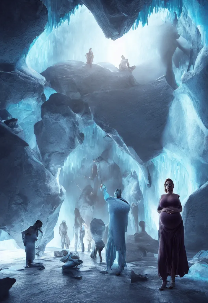 Image similar to epic leader pregnant woman talking to all her tribe with futuristic fluorescence mutant veins, proud people looking at the pregnant woman, ice cave, facinating, fantasy digital art, octane render, beautiful composition, trending on artstation, coherent, masterpiece, photorealistic