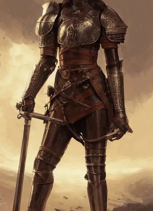 Image similar to medium-length portrait of a female knight with short curly hair and brown eyes, dark brown skin, happy expression, wears a combination of plate armor and boiled leather, medieval setting, highly detailed, digital painting, artstation, concept art, sharp focus, illustration, art by greg rutkowski and alphonse mucha