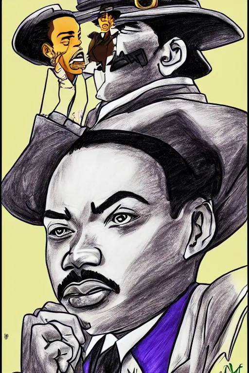 Image similar to Martin Luther King as Jotaro Kujo JoJo from JoJo\'s Bizarre Adventure, anime drawing by Hirohiko Araki