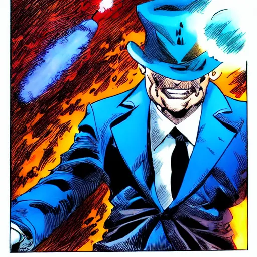 Image similar to a man in a blue suit standing in front of a fire ball, a comic book panel by jim lee, featured on deviantart, rayonism, dc comics, apocalypse art, parallax