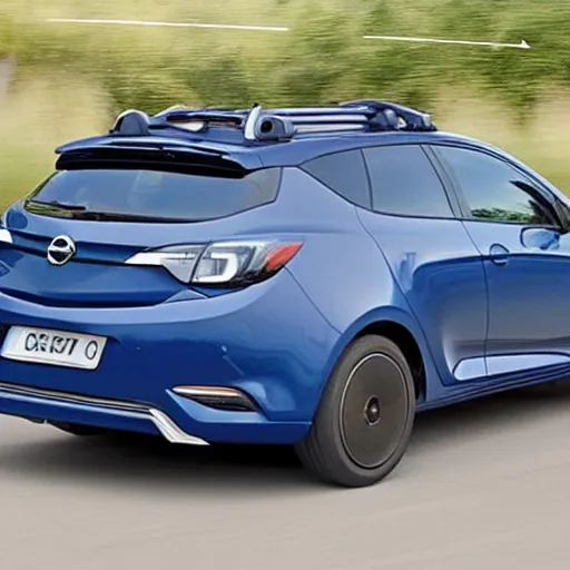 Image similar to hybrid of a dark blue horse and opel car with a roof rack on a highway